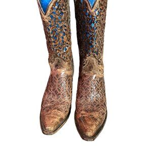 Dan‎ Post Women's SIze 7M Brown Distressed Open Lattice Type Design Cowboy Boots